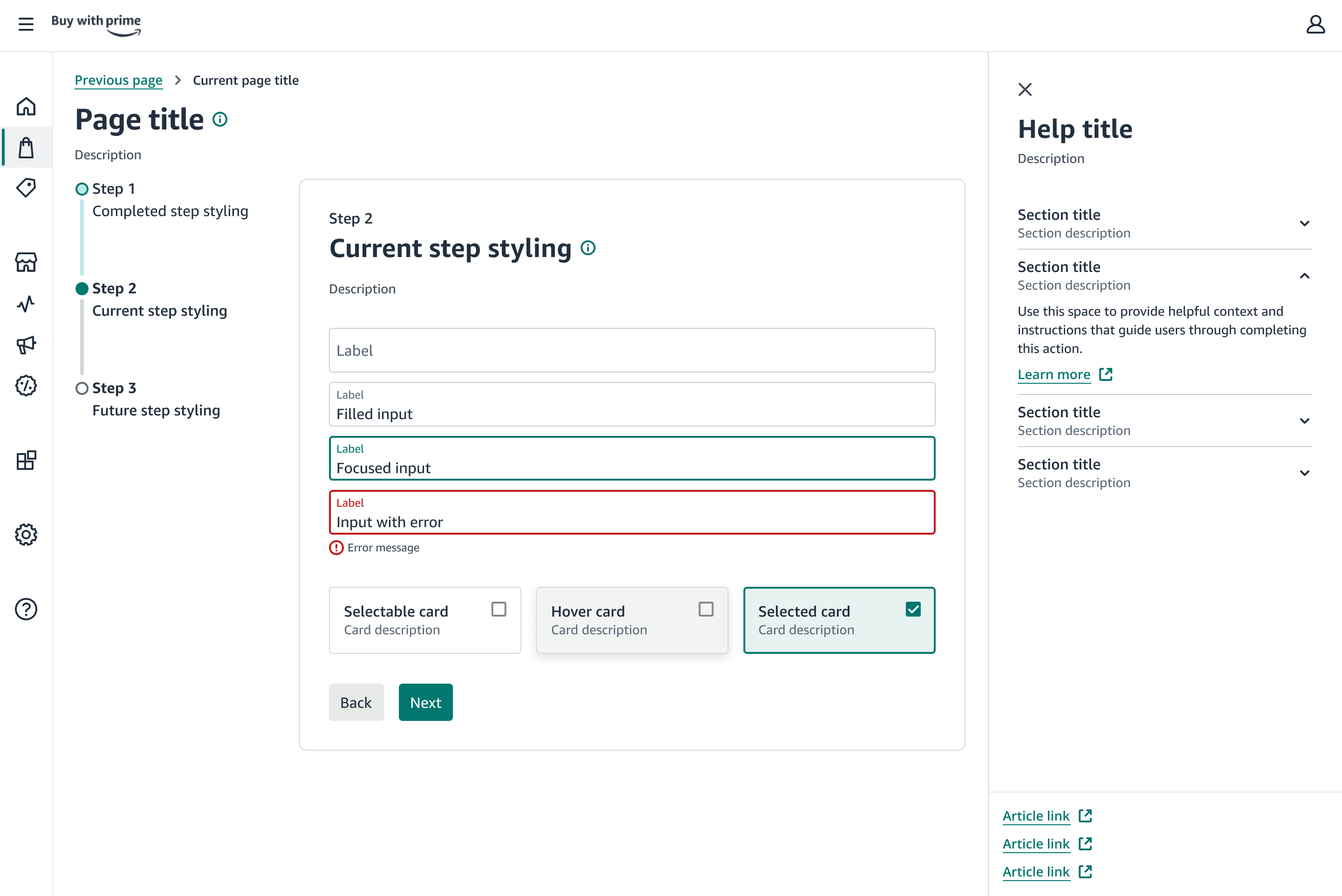 Multi-step merchant onboarding flow with step navigation, form inputs, and selectable cards