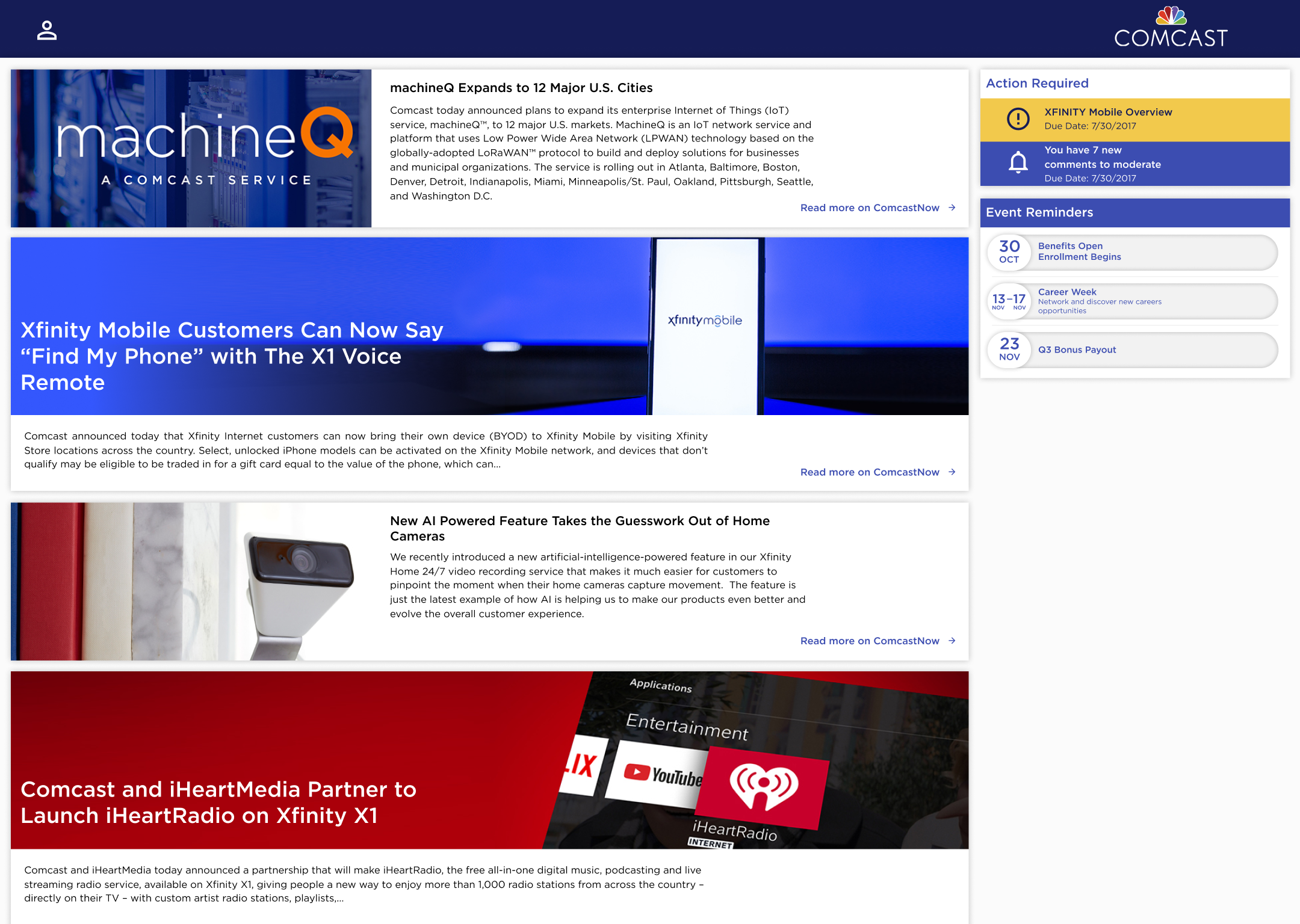 Comcast intranet dashboard showing news articles, action-required alerts, and event reminders