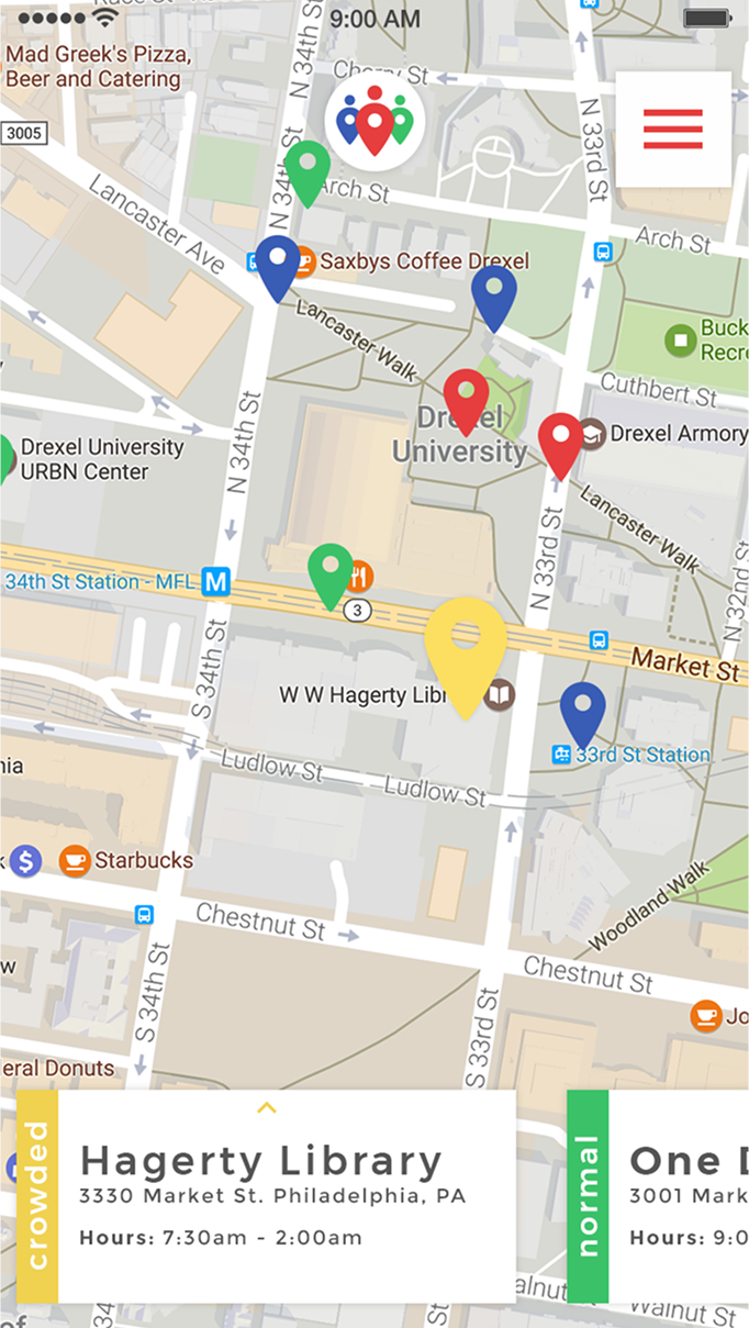 Crowds app map view with crowd-level pins