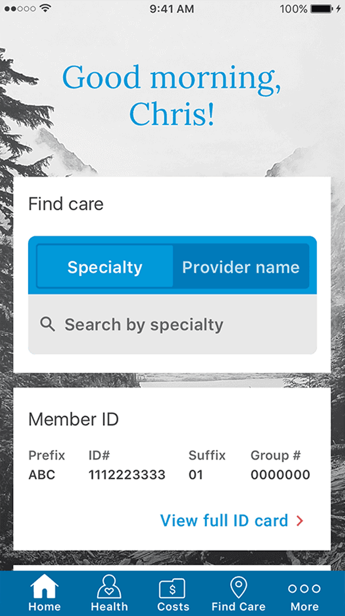 Premera mobile app: home dashboard