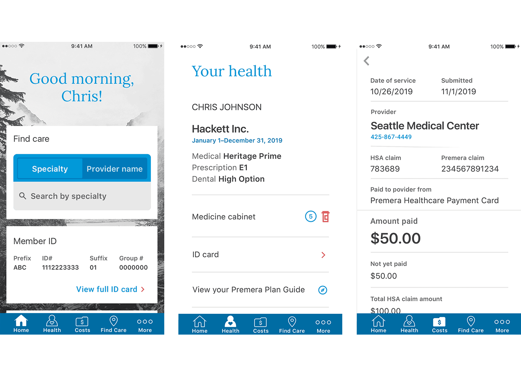 Premera mobile app screens showing the home dashboard, health plan details, and a claim payment summary